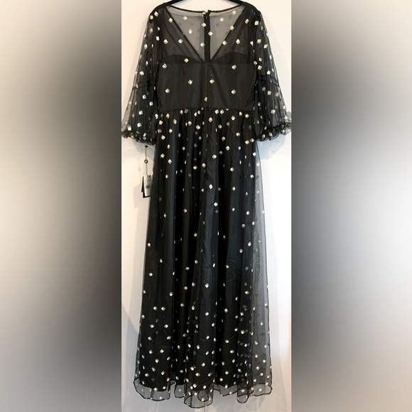 NWT, Adrianna Papell "Glitter Tulle Long Dress" in Black w/ Puff Sleeve, Size 8 - Picture 7 of 12